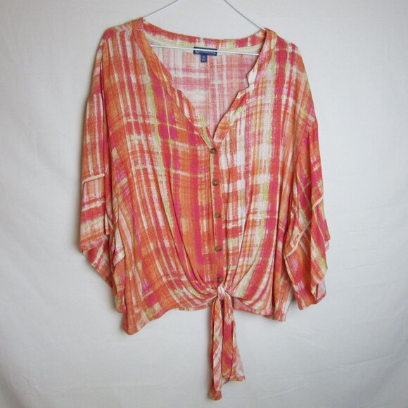 Democracy Button Front Flowy Blouse Front Tie Wing Sleeves Pink Women's Med - Picture 1 of 5